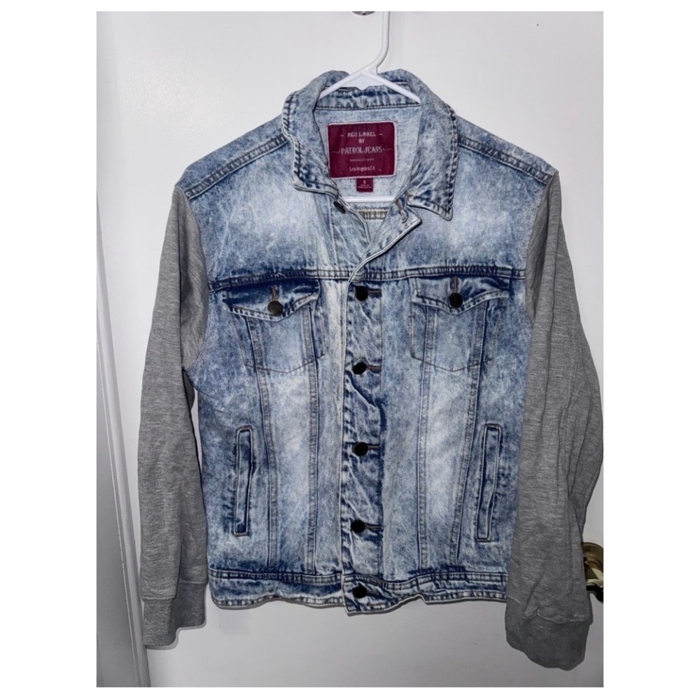 Red Label by Patrol Jeans Acid Wash Denim Jacket Grey Knit Sleeves Small LDJ-005